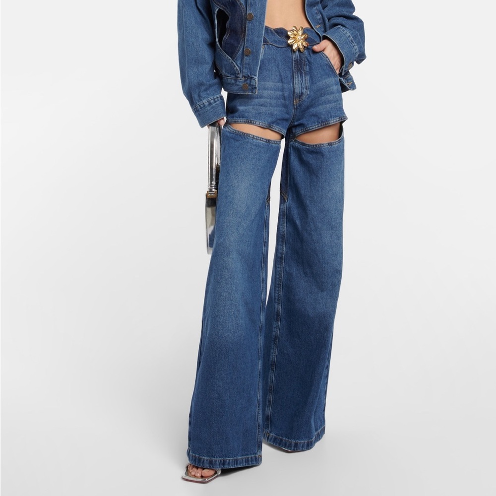 Area embellished cutout high rise jeans